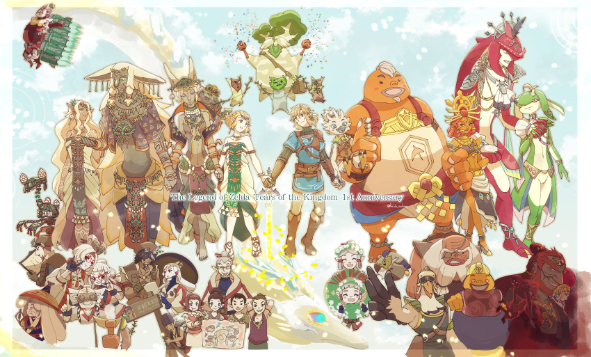 6+boys 6+girls absurdres anniversary everyone ganondorf gloom_spawn goron highres holding_hands impa instrument josha_(zelda) kaidou_mitsuki kohga korok light_dragon_(zelda) link maracas mineru_(zelda) multiple_boys multiple_girls paya_(zelda) penn_(zelda) princess_zelda purah rauru_(tears_of_the_kingdom) riju robbie_(zelda) sidon sonia_(zelda) tauro_(totk) the_legend_of_zelda the_legend_of_zelda:_tears_of_the_kingdom tulin_(zelda) yona_(zelda) yunobo zonai zonai_device zora