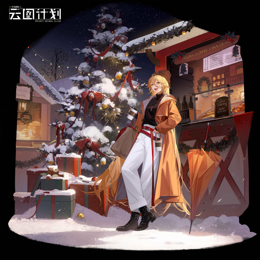 1girl :d absurdres ankle_boots bag beanie belt black_background black_footwear black_hat black_sweater blonde_hair boots bow box christmas christmas_ornaments christmas_tree christmas_wreath closed_umbrella coat coffee_cup copyright_name crossed_legs cup disposable_cup dlgeria food_stand full_body gift gift_box girls'_frontline girls'_frontline_neural_cloud hair_between_eyes hat highres holding holding_bag holding_cup jewelry logo long_hair looking_to_the_side menu_board night night_sky official_art orange_coat orange_umbrella outdoors pants pendant red_belt red_bow shopping_bag sky smile snow sol_(neural_cloud) solo standing star_(sky) starry_sky steam string_of_light_bulbs stuffed_animal stuffed_toy sweater sweater_tucked_in teddy_bear turtleneck turtleneck_sweater umbrella very_long_hair weibo_logo white_pants winter wreath yellow_eyes
