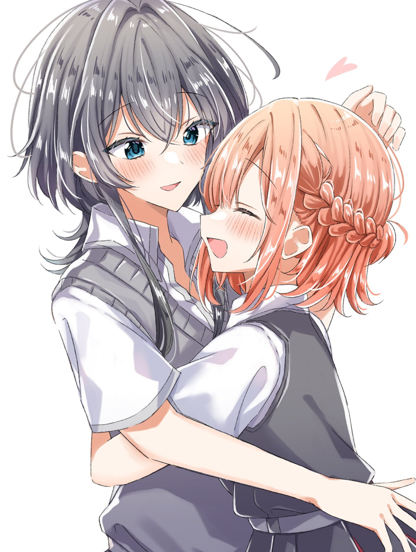 2girls asanagi_yori black_dress black_hair blue_eyes blush closed_eyes collared_shirt commentary dress grey_sweater_vest half_updo heart highres hug kino_himari long_hair medium_hair multiple_girls open_mouth orange_hair pinafore_dress sasayaku_you_ni_koi_wo_utau shirt short_sleeves simple_background sleeveless sleeveless_dress smile sweater_vest white_background white_shirt yunagi_(yng_hoti) yuri