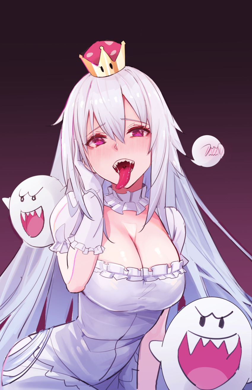 1girl blush boo_(mario) breasts cleavage crown dress gloves gradient gradient_background hand_up highres large_breasts long_hair long_tongue looking_at_viewer luigi's_mansion mario_(series) mini_crown nekojira new_super_mario_bros._u_deluxe pink_eyes princess_king_boo puffy_short_sleeves puffy_sleeves purple_background sharp_teeth short_sleeves smile solo super_crown teeth tongue tongue_out white_dress white_gloves yandere_trance