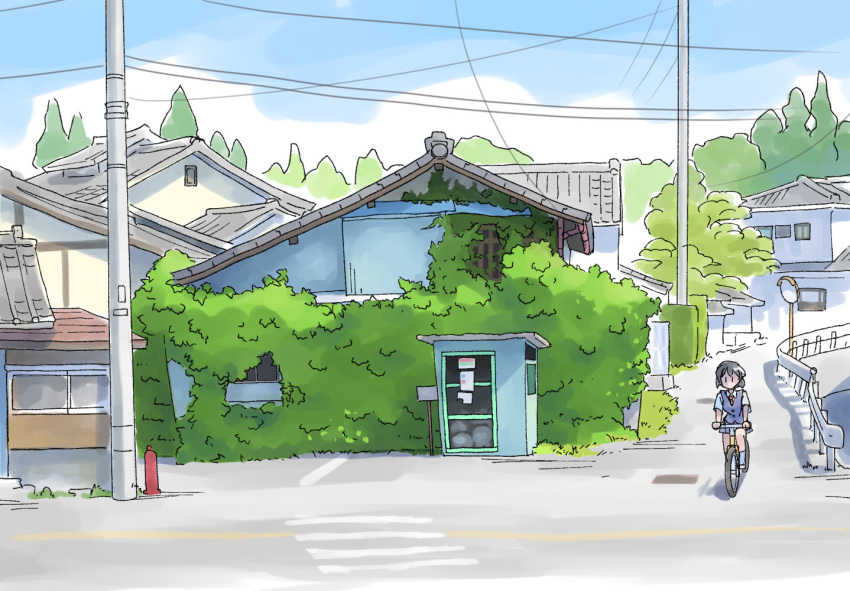 1girl bicycle black_hair blue_sky blue_vest building day house masuki original outdoors plant power_lines riding riding_bicycle scenery sign skirt sky solo traffic_barrier tree utility_pole vest vines