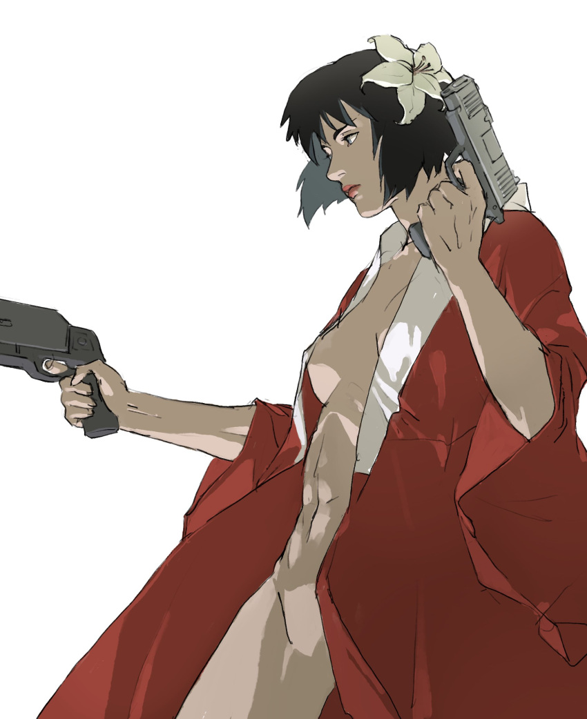 1girl aizheajsee black_hair breasts coat dual_wielding flower from_side ghost_in_the_shell gun hair_flower hair_ornament highres holding holding_gun holding_weapon kusanagi_motoko looking_to_the_side navel nude open_clothes open_coat red_coat short_hair simple_background solo weapon white_background