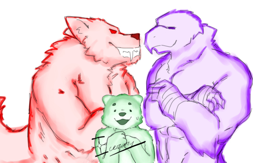 accipitrid accipitriform anthro avian bird bodily_fluids canid canine canis crossed_arms eagle eagle_spirit_(touhou) fangs glaring_at_another grin group hi_res icerary larger_male male male/male mammal muscular mustelid narrowed_eyes nervous_smile otter otter_spirit_(touhou) simple_background size_difference smaller_male smile spirit sweat teeth touhou trio wily_beast_and_weakest_creature wolf wolf_spirit_(touhou)