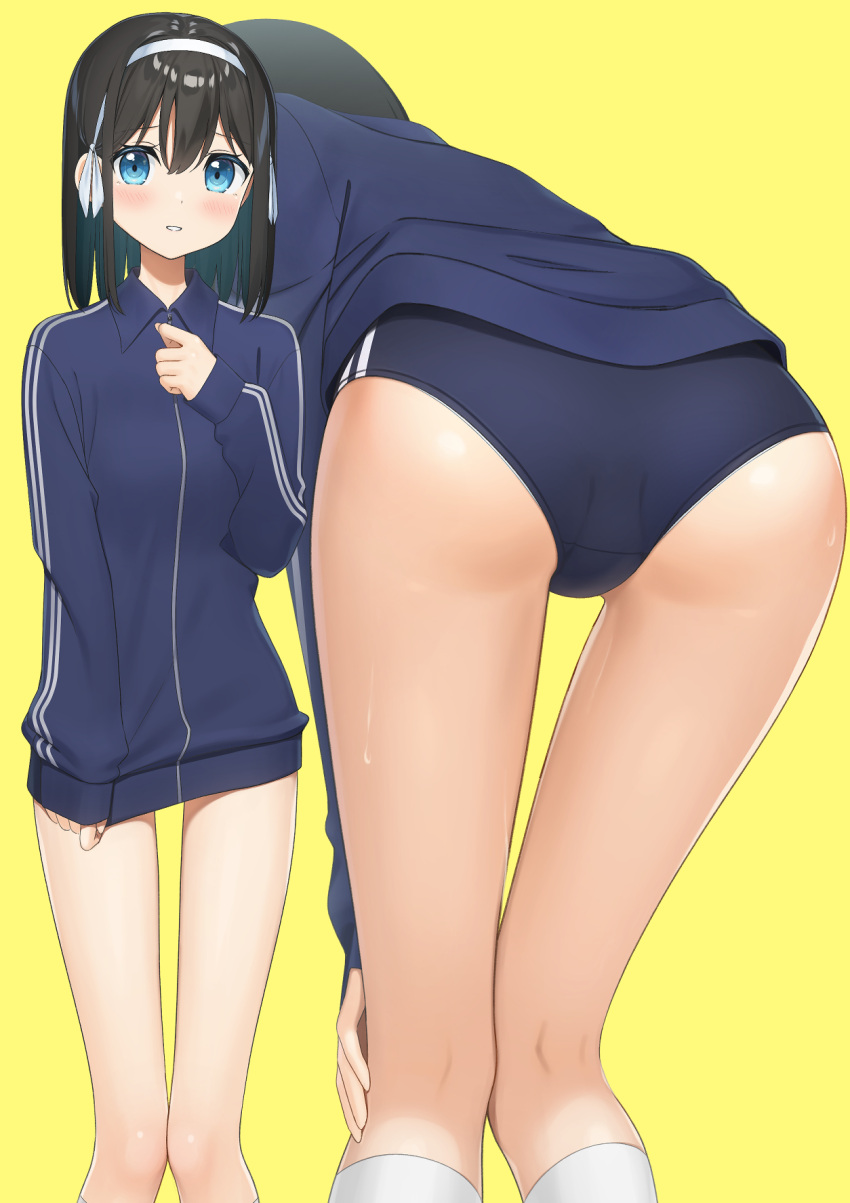 1girl apollo_(hu_maple) ass bent_over black_hair blue_buruma blue_eyes buruma commentary_request crotch_seam double_vertical_stripe from_behind gym_uniform hairband hand_on_own_knee highres jacket kneepits leaning_forward long_sleeves medium_hair multiple_views original parted_lips simple_background sleeves_past_wrists smile socks sweat thigh_gap track_jacket white_hairband white_socks yellow_background