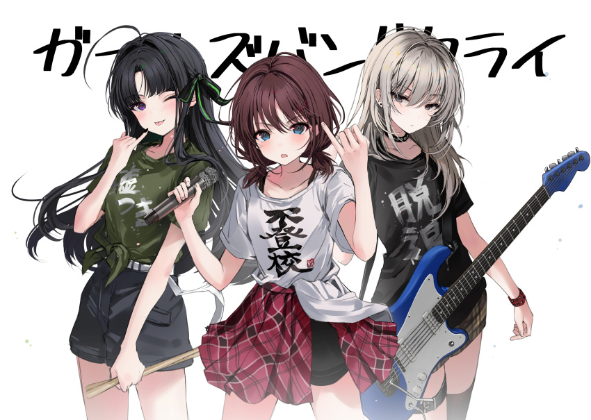 3girls absurdres ahoge asymmetrical_hair awa_subaru belt bike_shorts_under_skirt black_choker black_hair black_nails black_ribbon black_shirt black_shorts black_thighhighs blue_eyes blush brown_hair brown_skirt c0m3_as_y0u_ar3 choker closed_mouth clothes_writing commentary_request cowboy_shot drumsticks earrings floating_hair girls_band_cry green_shirt grey_eyes grey_hair hair_between_eyes hair_ornament hair_ribbon hair_spread_out highres holding holding_drumsticks holding_instrument holding_microphone instrument iseri_nina jewelry kawaragi_momoka long_hair looking_at_viewer low_twintails microphone multiple_girls nail_polish one_eye_closed open_mouth parted_bangs pinky_out plaid plaid_skirt pleated_skirt purple_eyes red_skirt ribbon shirt shirt_partially_tucked_in short_hair short_sleeves short_twintails shorts showgirl_skirt simple_background single_thighhigh skirt stud_earrings studded_bracelet studded_choker t-shirt thigh_strap thighhighs tied_shirt translation_request twintails unmoving_pattern white_background white_belt white_shirt x_hair_ornament