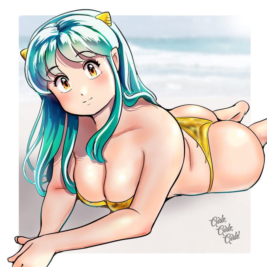 1girl animal_print ass bikini breasts cleavage green_hair highres horns kenken28937178 large_breasts looking_at_viewer lum lying on_stomach oni solo swimsuit tiger_print urusei_yatsura yellow_bikini yellow_eyes