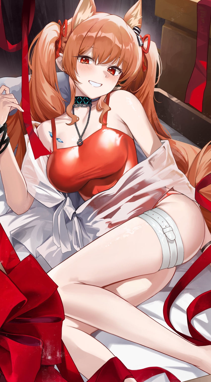 1girl absurdres angelina_(arknights) angelina_(summer_flower)_(arknights) animal_ears arknights blush breasts brown_hair casual_one-piece_swimsuit fox_ears fox_girl hair_ribbon highres infection_monitor_(arknights) jewelry large_breasts long_hair looking_at_viewer lying necklace official_alternate_costume on_bed one-piece_swimsuit ori_(0rizuru) red_eyes red_one-piece_swimsuit red_ribbon ribbon sidelocks smile solo swimsuit swimsuit_cover-up thigh_strap twintails