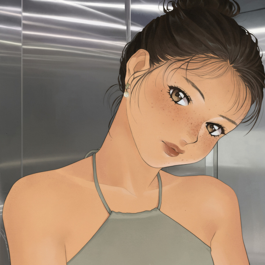 1girl album_cover brown_eyes brown_hair collarbone cover earrings elevator expressionless freckles grey_shirt hair_behind_ear hair_bun halter_shirt halterneck head_tilt highres indoors jewelry looking_at_viewer original shirt single_hair_bun solo yue_(yung_n_dum_)