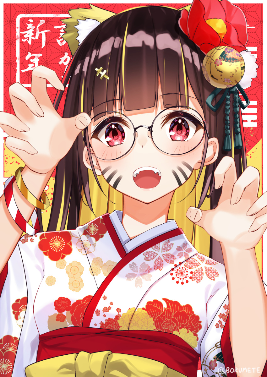 1girl 2022 :d absurdres animal_ears black-framed_eyewear blonde_hair border borumete brown_hair chinese_zodiac colored_inner_hair commentary_request extra_ears facial_mark fangs floral_print_kimono flower glasses hair_flower hair_ornament hairclip highres japanese_clothes kimono light_blush long_hair looking_at_viewer multicolored_hair open_mouth original paw_pose red_background red_eyes red_flower red_sash red_wristband round_eyewear sash smile solo teeth tiger_ears tiger_girl twitter_username upper_body upper_teeth_only white_border white_kimono year_of_the_tiger yellow_background yellow_wristband