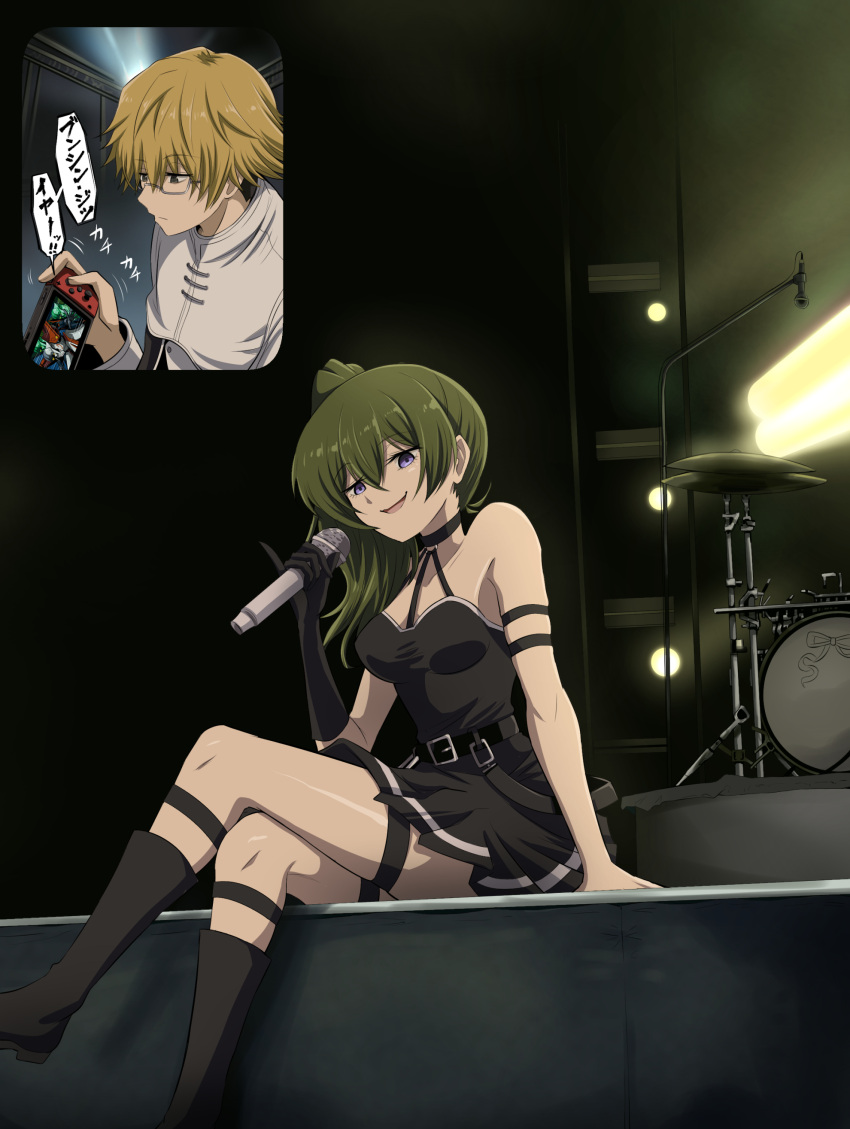 1boy 1girl absurdres bare_shoulders belt black_dress black_footwear black_gloves blonde_hair boots crossed_legs dress drum drum_set elbow_gloves fan_screaming_at_madison_beer_(meme) fujitaka_nasu gloves green_hair highres holding holding_microphone inset instrument land_(sousou_no_frieren) looking_at_another meme microphone nintendo_switch playing_games purple_eyes side_ponytail sitting smile sousou_no_frieren stage stage_lights thigh_strap ubel_(sousou_no_frieren)