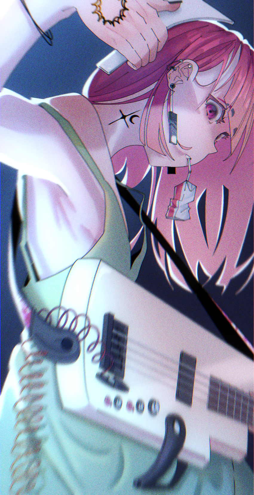 1girl absurdres alcohol_carton arm_up armpits bocchi_the_rock! commentary cowboy_shot dress ear_piercing earrings electric_guitar green_dress guitar highres hiroi_kikuri instrument irreligiositat jewelry long_hair mouth_hold music piercing playing_instrument purple_eyes purple_hair sleeveless sleeveless_dress solo standing tattoo