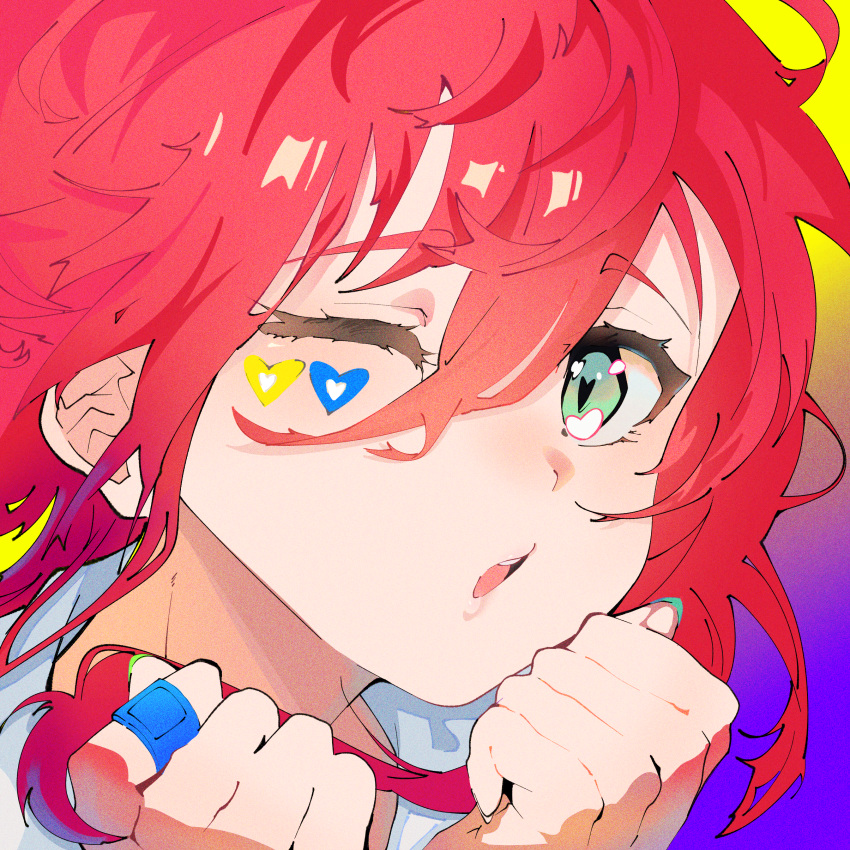 1girl absurdres bocchi_the_rock! commentary facial_mark gradient_background green_eyes hair_between_eyes hands_up heart highres irreligiositat jewelry kita_ikuyo mika_pikazo_(style) multicolored_background one_eye_closed parted_lips portrait purple_background red_hair ring solo yellow_background