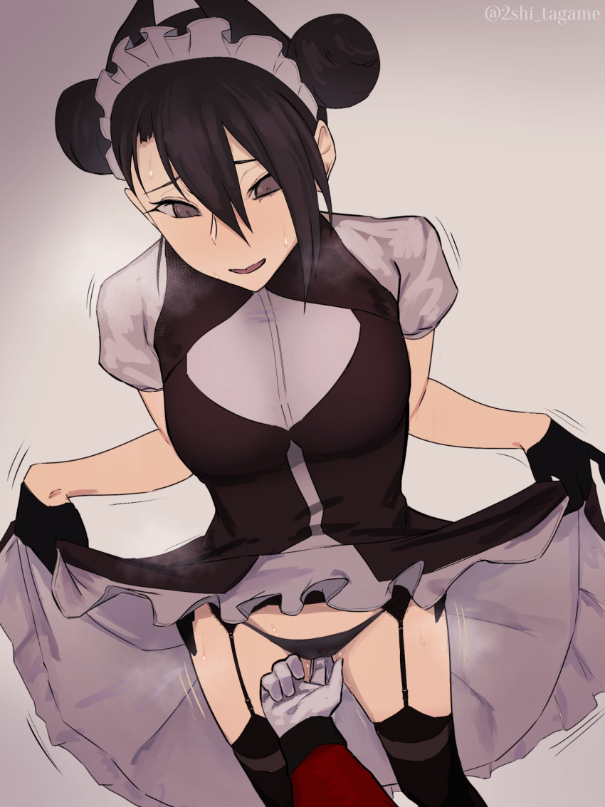 1girl agent_(girls'_frontline) black_gloves black_hair black_thighhighs blush breasts cleavage clothes_lift double_bun dress fingering fingering_through_clothes fingering_through_panties girls'_frontline gloves hair_between_eyes hair_bun highres lifted_by_self long_hair looking_at_viewer maid maid_headdress mizukamakiri multiple_girls panties pussy_juice sangvis_ferri short_sleeves solo thighhighs through_clothes underwear