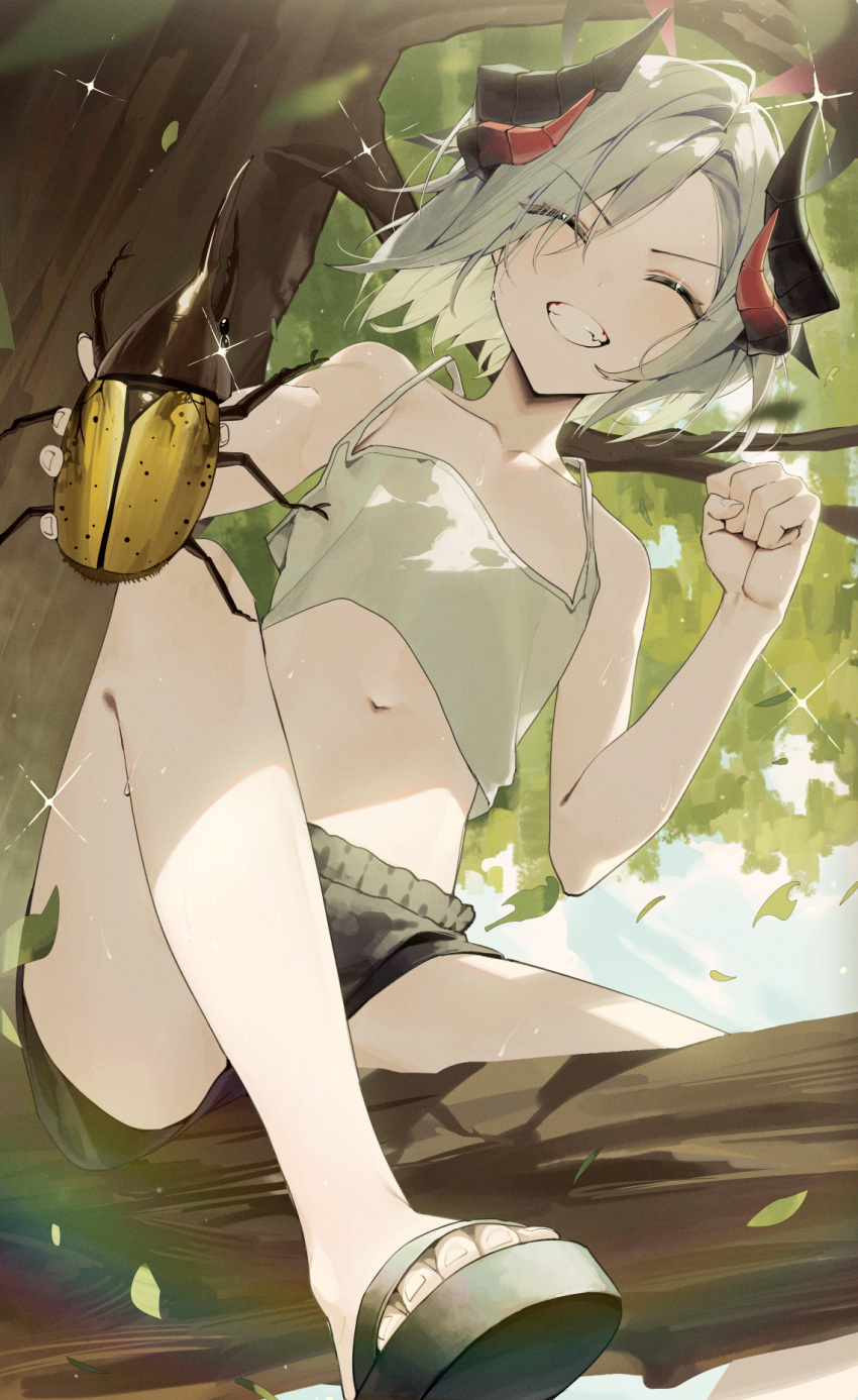 1girl ^_^ aged_down animal beetle black_footwear black_shorts blue_archive bug camisole clenched_hand closed_eyes collarbone crop_top demon_horns facing_viewer falling_leaves fingernails g5_(g5_gugu) grey_hair grin halo hercules_beetle highres holding holding_animal horns in_tree leaf makoto_(blue_archive) navel sandals short_hair shorts sitting sitting_in_tree smile solo stomach tears toenails toes tree white_camisole