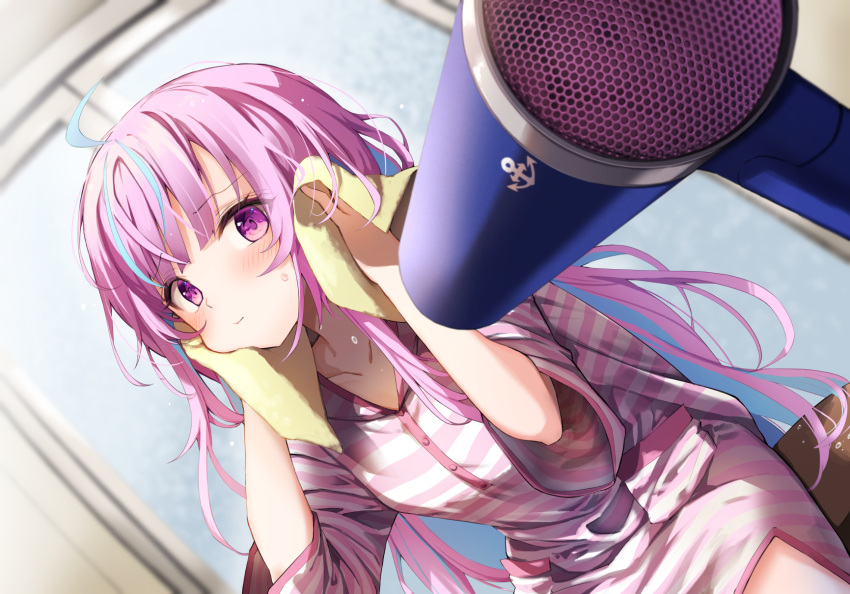 1girl ahoge bangs blue_hair blush closed_mouth colored_inner_hair commentary_request dress drying drying_hair dutch_angle eyebrows_visible_through_hair eyes_visible_through_hair hair_dryer highres holding holding_towel hololive indoors long_hair long_sleeves looking_at_viewer minato_aqua multicolored_hair purple_eyes purple_hair sitting solo striped striped_dress summer_tail720 towel twintails virtual_youtuber