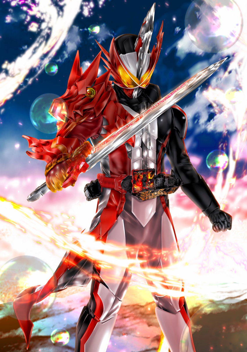 1boy absurdres armor asymmetrical_armor black_armor brave_dragon bubble cowboy_shot driver_(kamen_rider) fire gloves helmet highres holding holding_sword holding_weapon horns kaenken_rekka kamen_rider kamen_rider_saber kamen_rider_saber_(series) knight kuzurx male_focus red_armor rider_belt solo sword tokusatsu visor_(armor) weapon wonder_ride_book