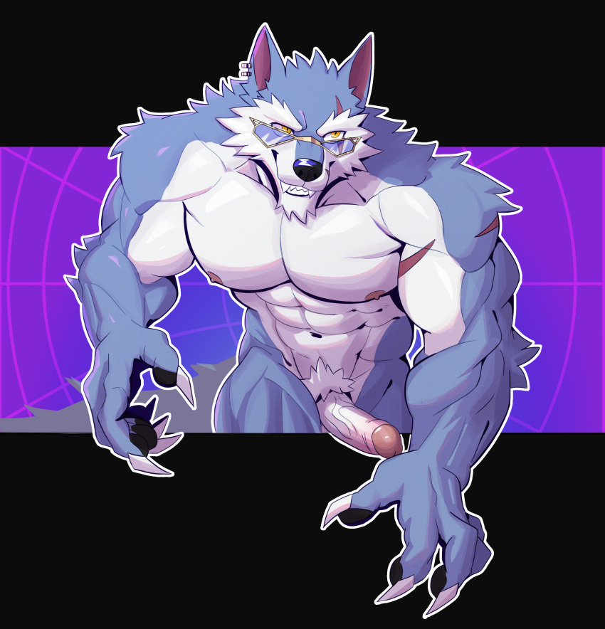 2024 abs absurd_res anthro barazoku biceps big_muscles biped blue_body blue_fur canid canine canis countershade_fur countershading dislyte eyewear eyewear_on_head freddy_(dislyte) fur genitals glasses glasses_on_head hi_res humanoid_genitalia humanoid_penis lilith_games looking_at_viewer male mammal muscular muscular_anthro muscular_male peapeafur pecs penis solo vein veiny_penis white_body white_countershading white_fur wolf yellow_eyes