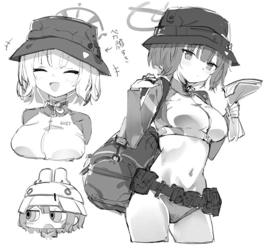 +++ 1girl animal_ears bikini blue_archive blush blush_stickers breasts closed_eyes closed_mouth combat_helmet fake_animal_ears greyscale halo hat helmet holding holding_map kotatu_(akaki01aoki00) large_breasts long_sleeves map monochrome multiple_views navel official_alternate_costume open_mouth rabbit_ears raglan_sleeves rash_guard saki_(blue_archive) saki_(swimsuit)_(blue_archive) short_hair simple_background smile stahlhelm swimsuit white_background