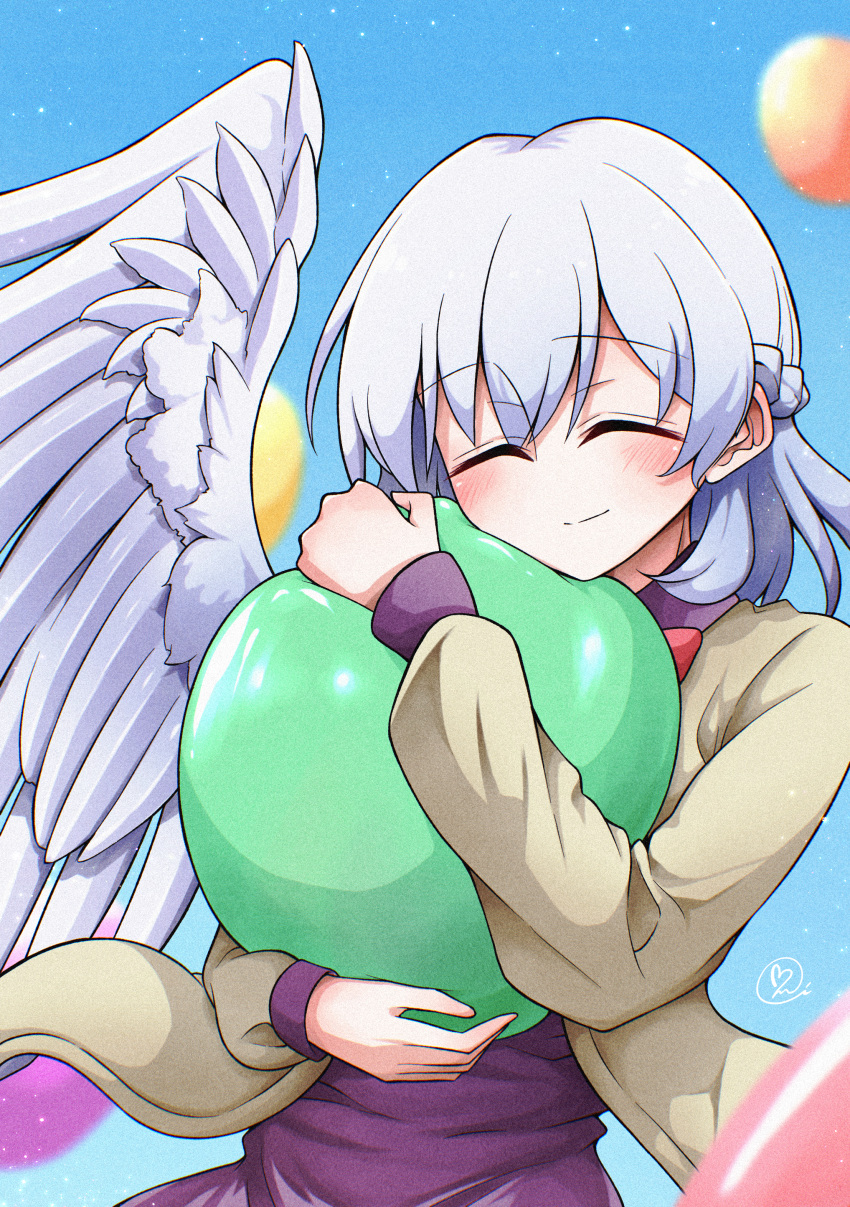 1girl absurdres balloon blush closed_eyes closed_mouth commentary_request commission dress feathered_wings grey_hair half_up_braid highres hugging_object jacket kishin_sagume long_hair long_sleeves open_clothes open_jacket pixiv_commission purple_dress scavia10 signature single_wing smile solo touhou white_wings wings