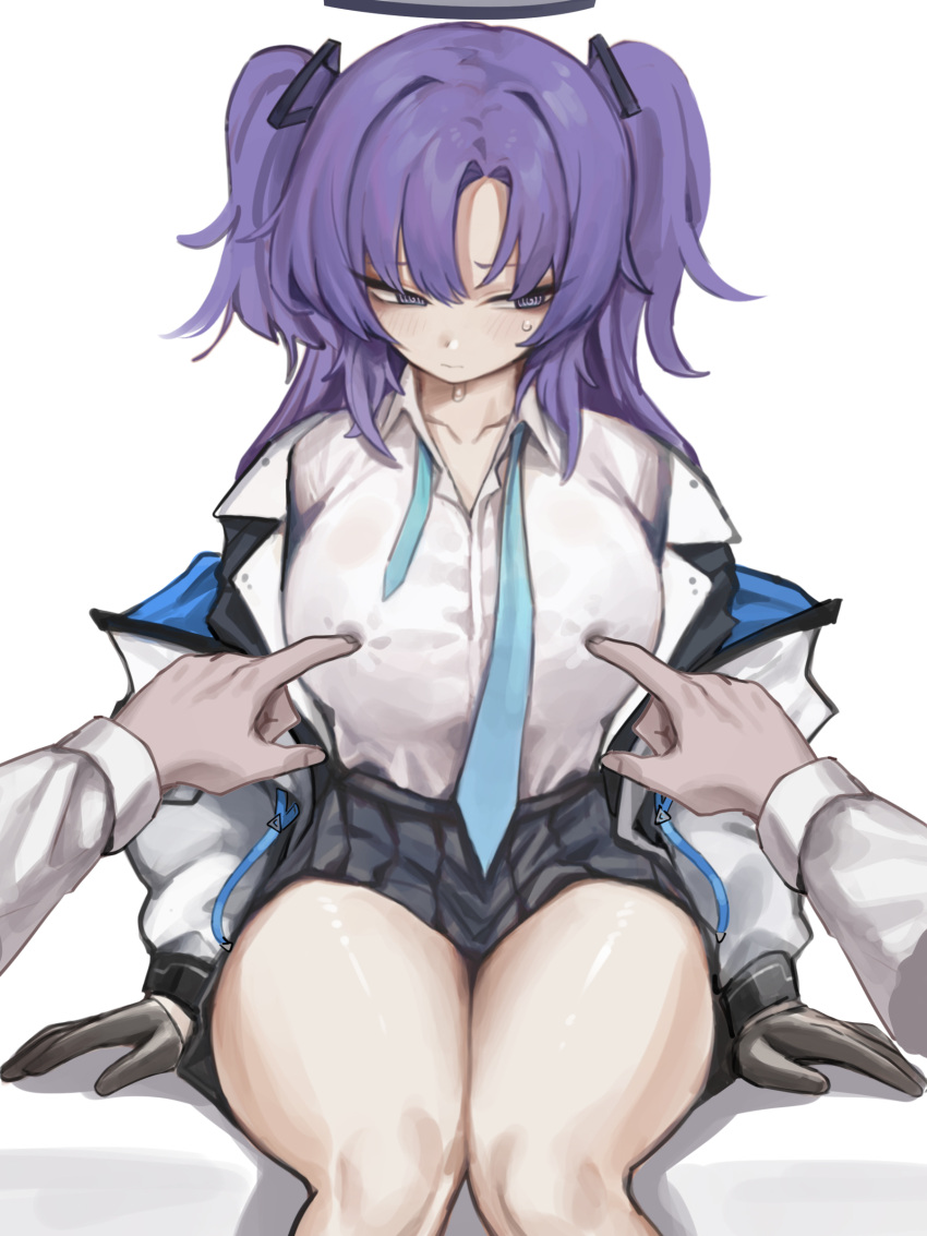1girl 1other absurdres black_gloves black_skirt blue_archive blue_necktie blush breasts closed_mouth collarbone collared_shirt feet_out_of_frame gloves halo highres jacket large_breasts long_hair long_sleeves mechanical_halo necktie open_clothes open_jacket pleated_skirt purple_eyes purple_hair shirt simple_background skirt solo_focus suitshark two_side_up white_background white_jacket white_shirt yuuka_(blue_archive)