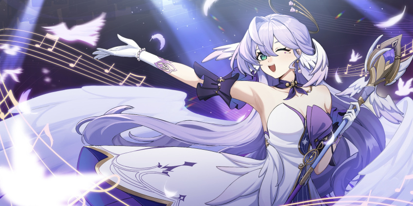 1girl aqua_eyes armpits bare_shoulders bead_bracelet beads bracelet closed_mouth detached_sleeves dress floating_hair gloves hair_between_eyes halo hand_up head_wings highres holding holding_staff honkai:_star_rail honkai_(series) jewelry laska_(572124034) looking_at_viewer musical_note one_eye_closed purple_dress purple_hair robin_(honkai:_star_rail) short_sleeves smile solo staff standing teeth two-tone_dress upper_teeth_only white_dress white_gloves white_wings wings