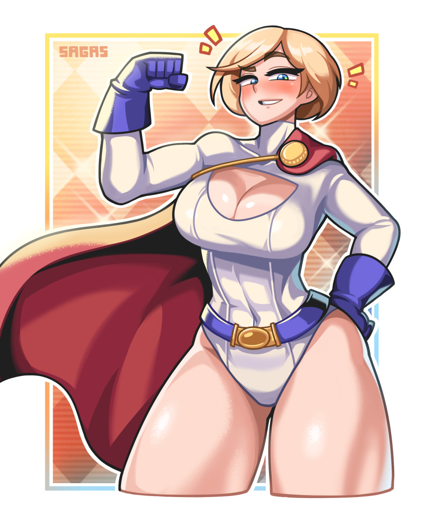 1girl absurdres blonde_hair blue_eyes blue_gloves breasts cape checkered checkered_background cocked_eyebrow cropped_legs dc_comics flexing gloves hand_on_hip highres large_breasts leotard pose power_girl red_cape sagas293 short_hair thick_thighs thighs white_leotard