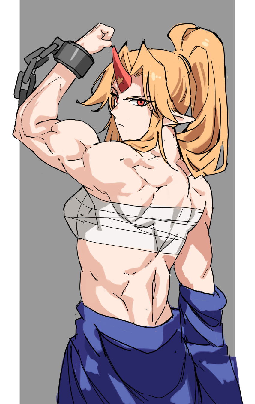 1girl absurdres asuka_shirou back biceps blonde_hair chain expressionless flexing grey_background highres horns hoshiguma_yuugi japanese_clothes muscular muscular_female oni pointy_ears red_eyes sarashi simple_background single_horn solo star_(symbol) touhou