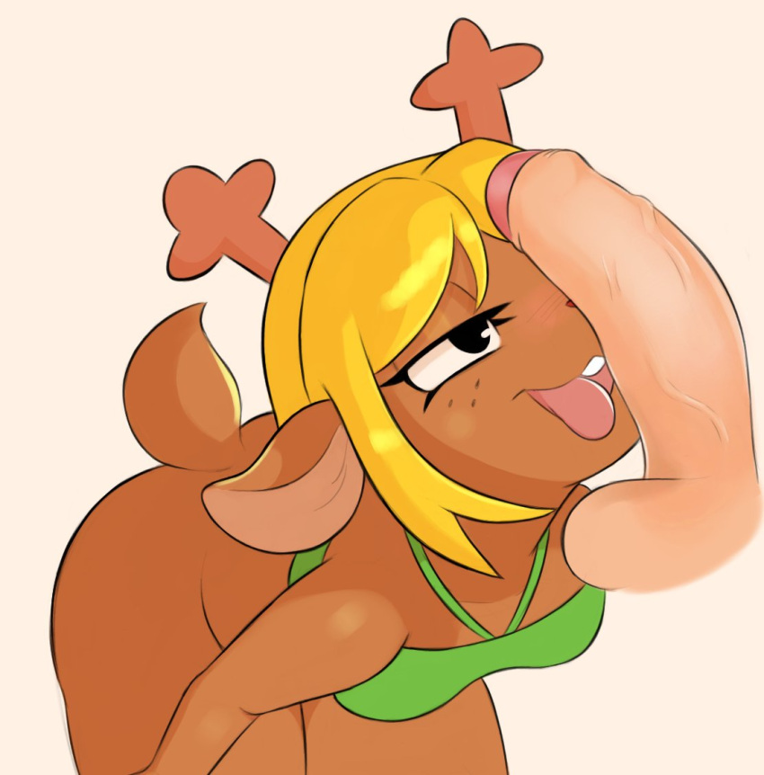 anthro antlers arteficialtrees bedroom_eyes blonde_hair bottomless butt clothed clothing deltarune duo female freckles genitals hair horn human imminent_sex male male/female mammal narrowed_eyes noelle_holiday penis penis_in_face penis_on_face scut_tail seductive short_tail tail tongue tongue_out topwear topwear_only undertale_(series)