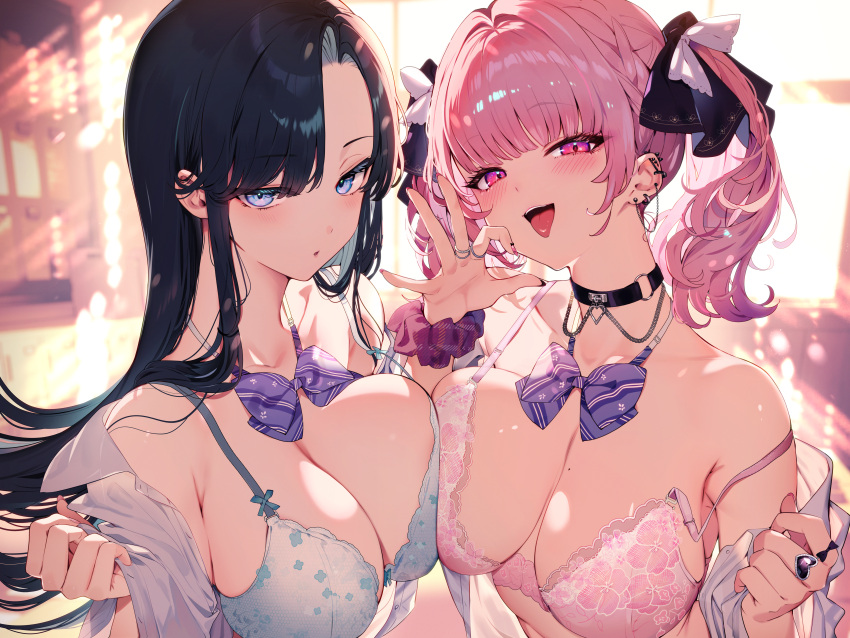 2girls :d absurdres asymmetrical_bangs asymmetrical_docking black_choker black_hair blue_bow blue_bowtie blue_eyes blurry blurry_background blush bow bowtie bra breast_press breasts choker depth_of_field ear_piercing fellatio_gesture fingernails floral_print hair_over_shoulder hair_ribbon head_tilt highres indoors jewelry kat_(bu-kunn) large_breasts long_hair looking_at_viewer mole mole_on_breast multiple_girls multiple_rings nail_polish off_shoulder open_clothes open_shirt original parted_lips piercing pink_bra pink_eyes pink_hair pink_nails ribbon ring scrunchie shirt short_sleeves sidelocks smile strap_gap strap_slip sweat teeth tongue tongue_out twintails underwear undressing upper_body upper_teeth_only white_shirt wrist_scrunchie