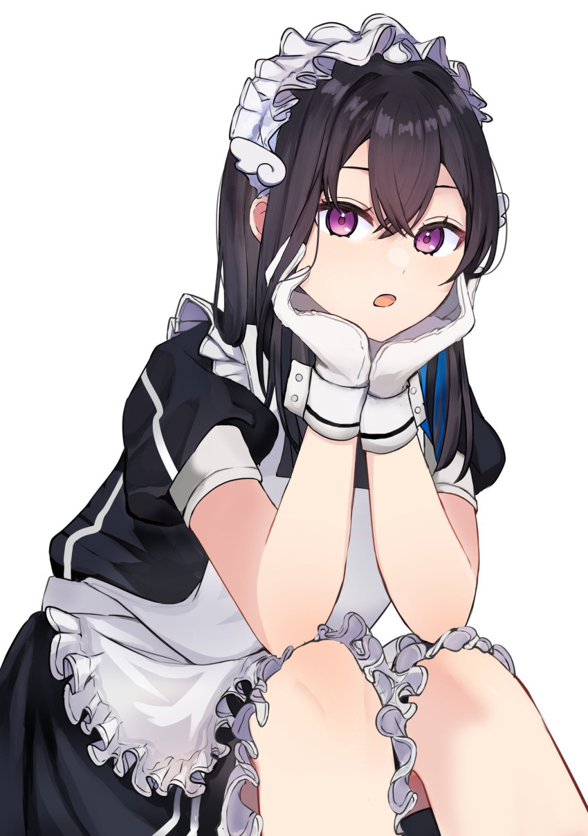 :o apron arisyooon black_hair crossed_bangs dress frilled_apron frilled_dress frills gloves hair_between_eyes head_rest highres ichinose_uruha long_hair looking_at_viewer lupinus_virtual_games maid_apron maid_headdress purple_eyes short_sleeves sidelocks virtual_youtuber vspo! white_gloves