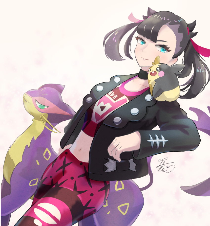 1girl black_hair black_jacket blue_eyes cat_tail collarbone gvsw8247_(fujikikaoru) highres jacket liepard marnie_(pokemon) midriff morpeko morpeko_(full) navel on_shoulder open_clothes open_jacket pokemon pokemon_(creature) pokemon_on_shoulder pokemon_swsh signature simple_background tail