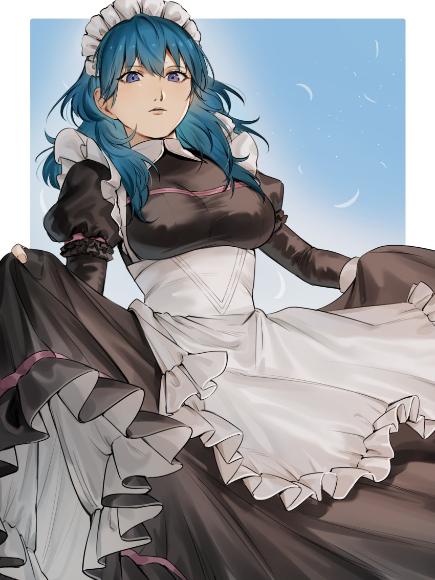 1girl abinosu0903 alternate_costume apron black_dress blue_hair border breasts byleth_(female)_(fire_emblem) byleth_(fire_emblem) dress fingernails fire_emblem fire_emblem:_three_houses frilled_apron frills highres juliet_sleeves long_hair long_sleeves looking_at_viewer maid maid_headdress medium_breasts outside_border parted_lips puffy_sleeves purple_eyes skirt_hold solo waist_apron white_apron white_border