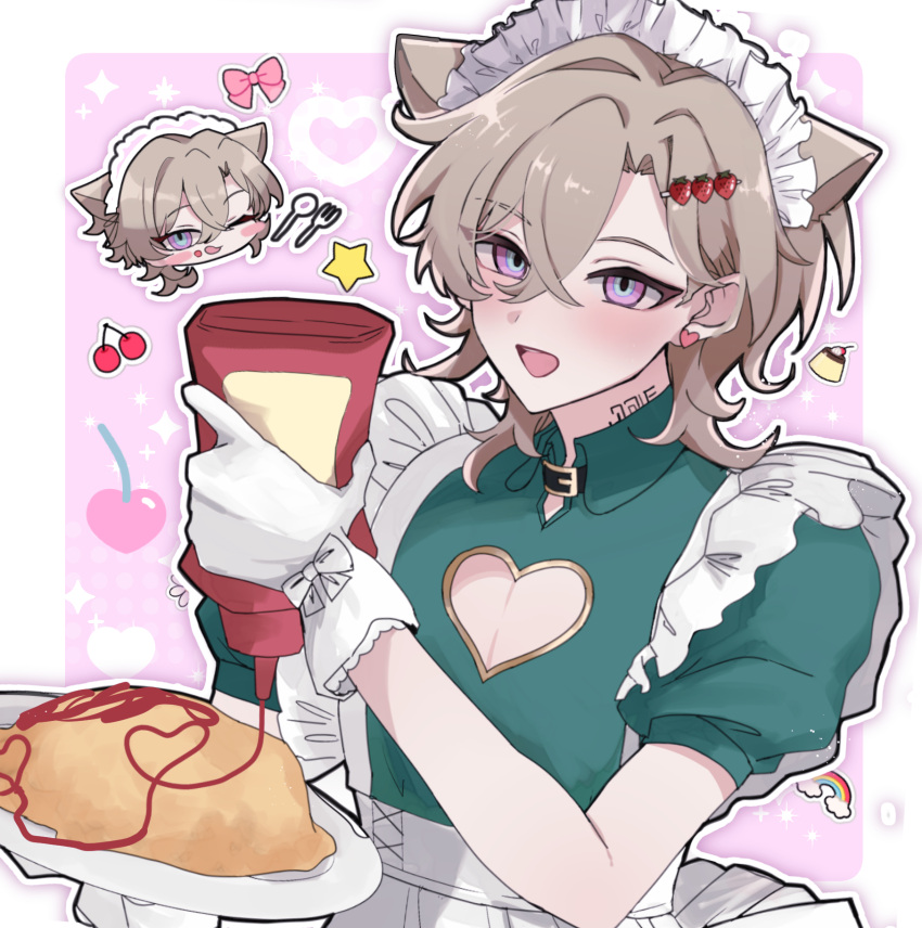 1boy aventurine_(honkai:_star_rail) cleavage_cutout clothing_cutout crossdressing food food_on_face highres honkai:_star_rail honkai_(series) m0c_g maid male_focus male_maid multiple_views neck_tattoo omelet omurice tattoo