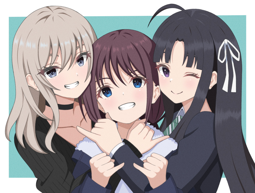 3girls ahoge awa_subaru black_choker black_hair black_sweater blue_background blue_jacket border brown_hair choker clenched_teeth closed_mouth collarbone commentary_request diagonal-striped_clothes diagonal-striped_necktie film_grain girl_sandwich girls_band_cry green_necktie grey_eyes grey_hair group_picture hair_between_eyes hair_ribbon highres hug iseri_nina jacket kawaragi_momoka kukokoko_(ukan2253) long_hair long_sleeves looking_at_viewer low_twintails multiple_girls necktie one_eye_closed open_mouth outside_border parted_bangs purple_eyes ribbon sandwiched school_uniform shirt short_hair short_twintails sidelocks smile striped_clothes sweater teeth twintails white_border white_ribbon white_shirt