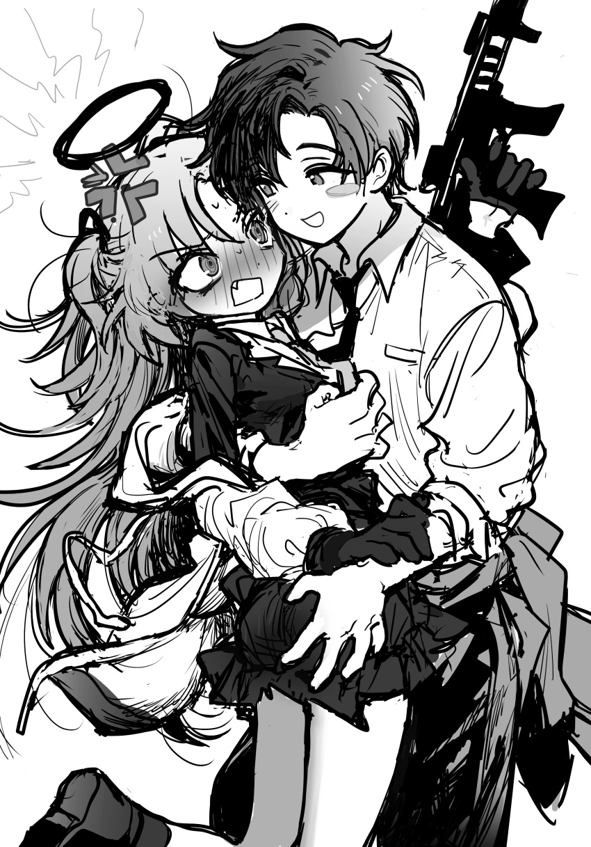 1boy 1girl absurdres angry arm_around_back blue_archive blush blush_stickers clothes_around_waist collared_shirt commentary curtained_hair dress_shirt embarrassed fang feet_out_of_frame finger_on_trigger glaring gloves greyscale gun half-closed_eyes halo hand_on_another's_arm hand_up highres holding holding_gun holding_weapon hug jacket jacket_around_waist jacket_partially_removed jihecchi long_hair long_sleeves looking_at_another miniskirt monochrome necktie nose_blush open_mouth pleated_skirt pushing_away sensei_(blue_archive) sensei_(blue_archive_the_animation) shirt short_hair shout_lines simple_background single_blush_sticker skirt smile standing symbol-only_commentary two_side_up v-shaped_eyebrows weapon yuuka_(blue_archive)