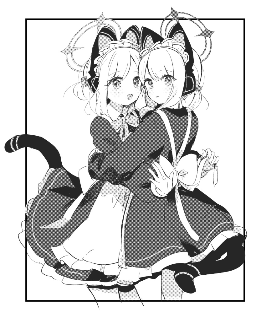 2girls animal_ear_headphones animal_ears apron blue_archive cat_tail dress fake_animal_ears frilled_apron frills greyscale halo headphones highres long_sleeves maid maid_apron maid_headdress midori_(blue_archive) midori_(maid)_(blue_archive) momoi_(blue_archive) momoi_(maid)_(blue_archive) monochrome multiple_girls official_alternate_costume open_mouth parted_lips short_hair siblings sisters smile tail twins yun_(dust-i1)