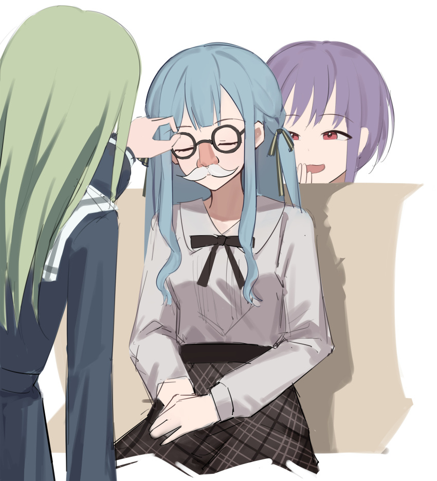 3girls absurdres adjusting_eyewear bang_dream! bang_dream!_it's_mygo!!!!! black_ribbon black_shirt black_skirt blue_hair closed_mouth commentary fake_facial_hair fake_mustache glasses green_hair green_ribbon groucho_glasses hair_ribbon hands_on_lap hashtag-only_commentary highres laughing long_hair long_sleeves lu_guan multiple_girls open_mouth plaid plaid_skirt purple_eyes red_eyes ribbon school_uniform shirt simple_background sitting skirt smile togawa_sakiko tsukinomori_school_uniform two_side_up wakaba_mutsumi white_background white_shirt yuutenji_nyamu