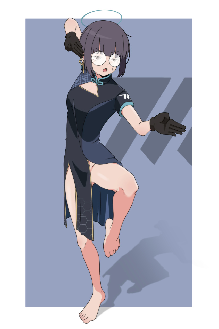 1girl alternate_costume barefoot black_dress black_eyes black_gloves black_hair blue_archive breasts china_dress chinese_clothes dress full_body glasses gloves halo highres millennium_science_school_student_a_(blue_archive) nyaru_(nyaru_4126) open_mouth pelvic_curtain round_eyewear short_hair short_sleeves small_breasts solo standing standing_on_one_leg toes