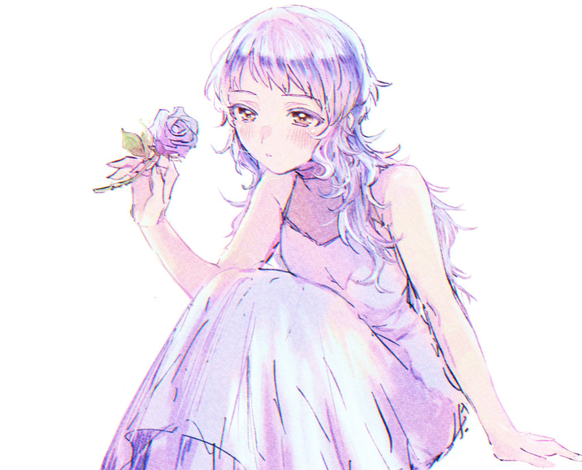 1girl alternate_hair_length alternate_hairstyle arm_support commentary_request dress expressionless flat_chest flower half-closed_eyes hand_up highres holding holding_flower idolmaster idolmaster_million_live! light_blush long_hair looking_at_another makabe_mizuki on_floor purple_flower purple_hair purple_rose rose sidelocks sitting solo sundress tnsk_st00 wavy_hair white_background white_dress yellow_eyes