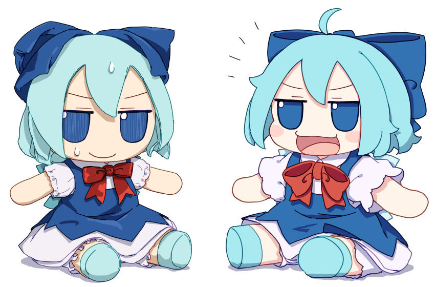 2girls absurdres ahoge bloomers blue_bow blue_dress blue_eyes blue_footwear blue_hair blush_stickers bow cirno closed_mouth collared_shirt commentary dress dual_persona fairy fumo_(doll) hair_bow highres ice ice_wings kame_(kamepan44231) multiple_girls open_mouth pinafore_dress shirt shoes short_hair short_sleeves simple_background sleeveless sleeveless_dress smile touhou white_background white_bloomers white_shirt wings