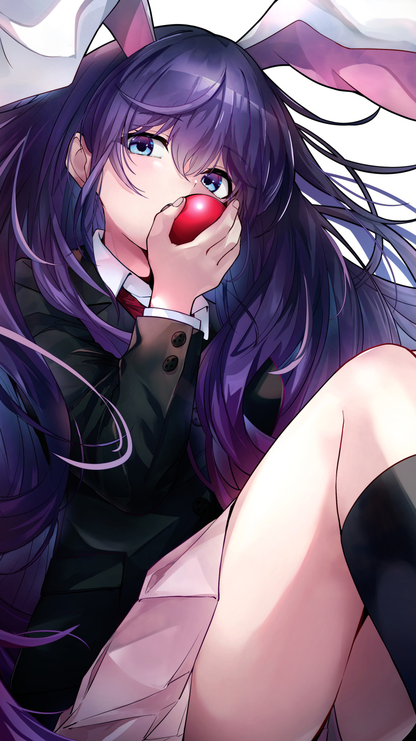 1girl absurdres animal_ears apple asahina_mafuyu black_jacket black_socks blazer blue_eyes collared_shirt commentary cosplay covered_mouth crossed_bangs food fruit hair_between_eyes harii_(janib5kc) highres holding holding_food holding_fruit jacket long_hair looking_at_viewer necktie open_mouth pink_shirt pleated_skirt project_sekai purple_hair rabbit_ears red_necktie reisen_udongein_inaba reisen_udongein_inaba_(cosplay) shirt skirt socks solo thighs touhou white_shirt