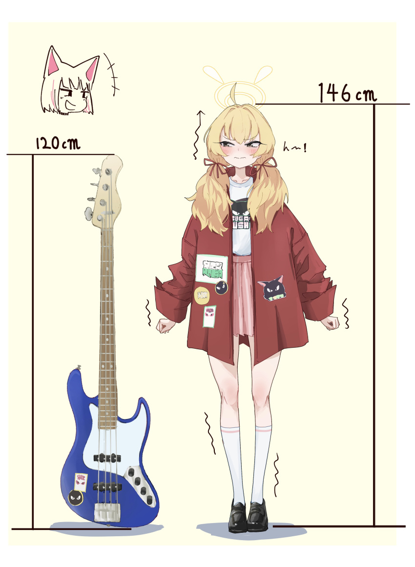 2girls absurdres ahoge animal_ears annoyed arrow_(symbol) bass_guitar black_footwear blonde_hair blue_archive blush cat_ears closed_mouth collarbone fender_jazz_bass hair_ribbon halo height_difference high-waist_skirt highres instrument jacket kazusa_(blue_archive) laughing loafers long_sleeves low_twintails measuring medium_hair motion_lines multiple_girls narrowed_eyes official_alternate_costume open_clothes open_jacket pink_skirt pleated_skirt print_shirt red_jacket red_ribbon ribbon shirt shoes short_hair skirt socks solo_focus stretching suecovsky t-shirt trembling twintails white_shirt white_socks yellow_eyes yoshimi_(band)_(blue_archive) yoshimi_(blue_archive)