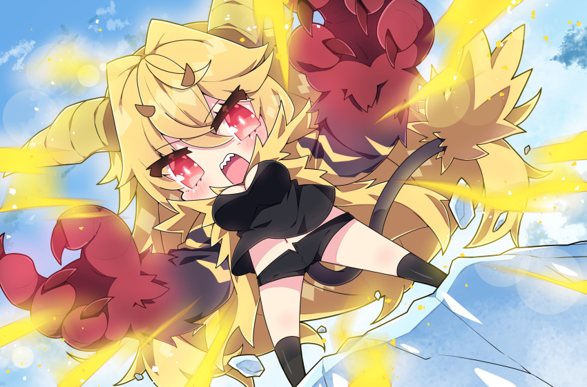 1girl black_shirt black_shorts black_socks blonde_hair blue_sky breasts chibi cleavage cloud cloudy_sky commentary_request day dutch_angle electricity electrokinesis hair_between_eyes highres horns ice large_breasts long_hair looking_at_viewer milkpanda monster_hunter_(series) navel open_mouth outdoors personification rajang red_eyes sharp_teeth shirt short_eyebrows short_shorts shorts sky socks solo standing tail teeth thick_eyebrows v-shaped_eyebrows very_long_hair wavy_mouth