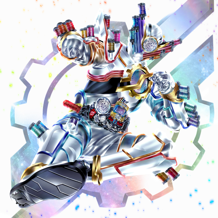 1boy armor belt bodysuit build_driver finishing_move flying_kick full_body fullbottle genius_form genius_fullbottle gloves helmet highres kamen_rider kamen_rider_build kamen_rider_build_(series) kicking kuzurx logo looking_at_viewer male_focus rider_belt rider_kick shoulder_armor solo tokusatsu white_armor white_bodysuit