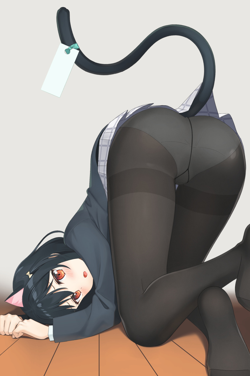 1girl absurdres animal_ears apollo_(hu_maple) ass black_hair black_pantyhose blazer blue_jacket cat_ears commentary_request crotch_seam fang gusset highres jacket kemonomimi_mode long_sleeves love_live! love_live!_nijigasaki_high_school_idol_club medium_hair mifune_shioriko miniskirt no_shoes on_floor panties panties_over_pantyhose pantyhose partial_commentary plaid plaid_skirt pleated_skirt red_eyes school_uniform shirt skirt solo tail tail_ornament thigh_gap thighband_pantyhose top-down_bottom-up underwear white_shirt white_skirt wooden_floor