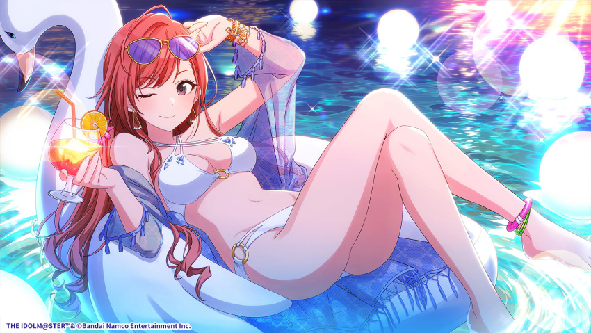1girl ;) ahoge anklet arisugawa_natsuha arm_up ass barefoot bikini black_eyes bracelet breasts commentary_request criss-cross_halter crossed_legs drink earrings eyewear_on_head glint halterneck highres idolmaster idolmaster_shiny_colors inflatable_raft jewelry long_hair looking_at_viewer medium_breasts navel o-ring o-ring_bottom o-ring_top official_art one_eye_closed outdoors reclining red_hair smile soaking_feet solo sparkle sunglasses swimsuit tomari_(veryberry00) water white_bikini