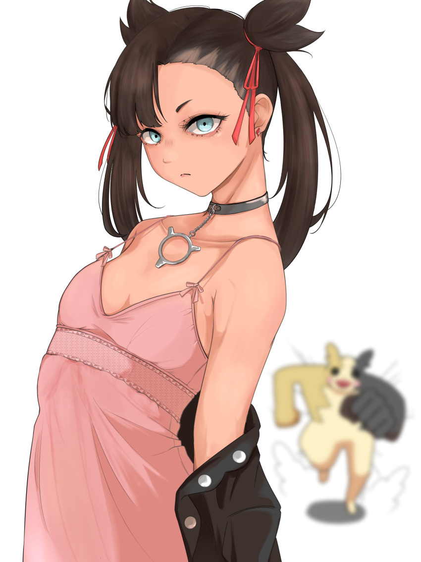 1girl asymmetrical_bangs bare_shoulders black_choker black_hair black_jacket blurry blurry_background breasts choker closed_mouth collarbone dress earrings green_eyes hair_ribbon highres jacket jewelry looking_at_viewer marnie_(pokemon) morpeko morpeko_(full) off_shoulder peba personification pink_dress pokemon ribbon running running_towards_viewer simple_background small_breasts solo_focus spaghetti_strap strap_gap stud_earrings twintails undercut white_background