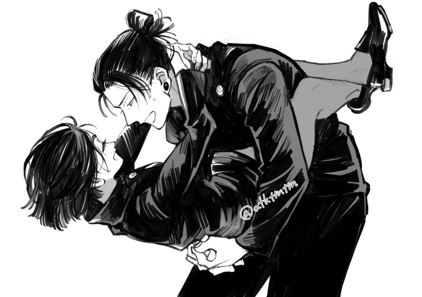 1boy 1girl ^_^ ateka carrying carrying_person closed_eyes cowboy_shot ear_piercing full_body getou_suguru greyscale hair_bun highres hug ieiri_shoko jacket jujutsu_kaisen jujutsu_tech_uniform mole mole_under_eye monochrome open_mouth pants piercing profile school_uniform shoes short_hair simple_background smile standing sweatdrop twitter_username