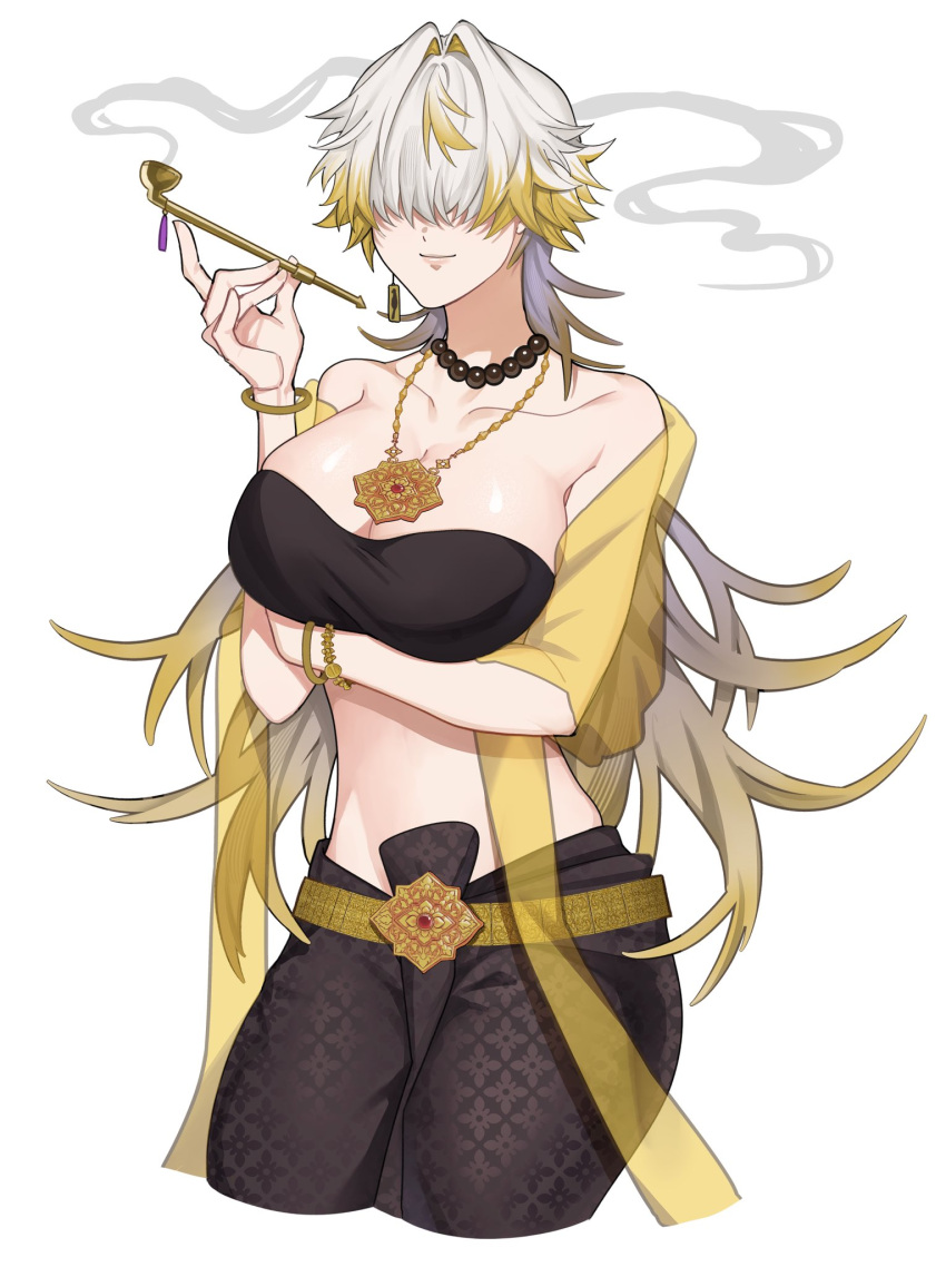 1girl algorhythm_project black_shirt blonde_hair breasts brown_pants closed_mouth dacapo_(algorhythm_project) genderswap genderswap_(mtf) hair_over_eyes highres holding long_hair medium_breasts midriff multicolored_hair pants shirt solo stomach streaked_hair thai_clothes virtual_youtuber wendiliaas1 white_hair yellow_sleeves