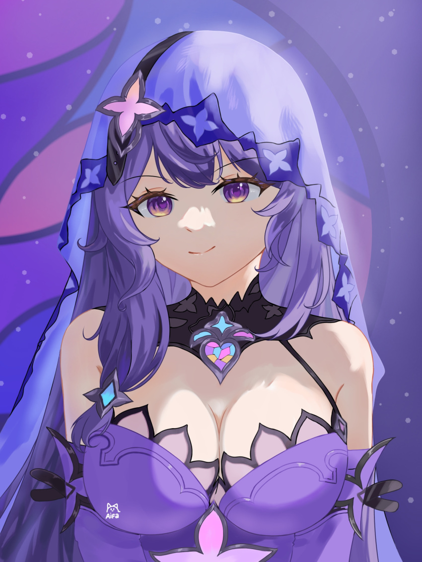 1girl aifa0021 bare_shoulders black_swan_(honkai:_star_rail) breasts cleavage commentary highres honkai:_star_rail honkai_(series) large_breasts long_hair looking_at_viewer purple_eyes purple_hair smile solo upper_body veil very_long_hair